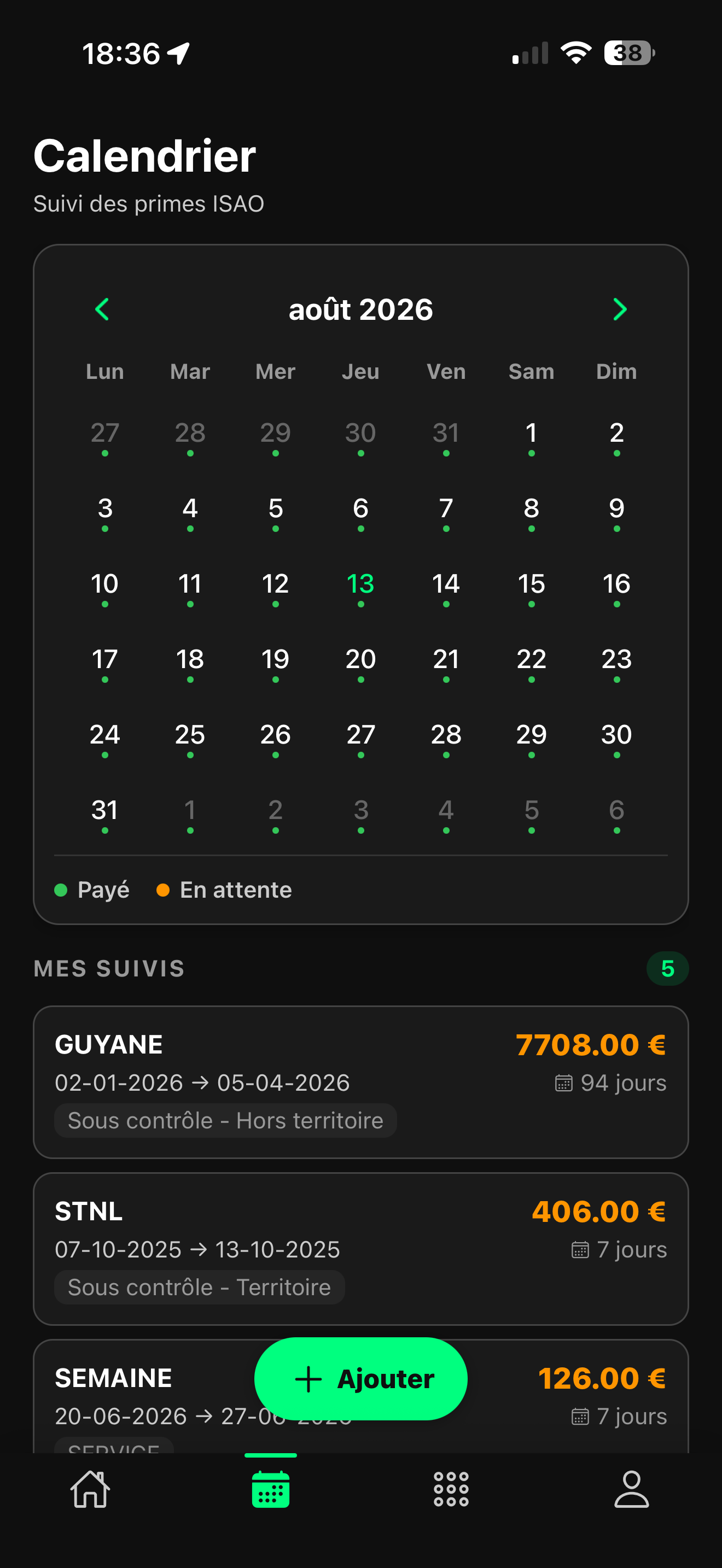 Calendrier — Suivi des primes ISAO
